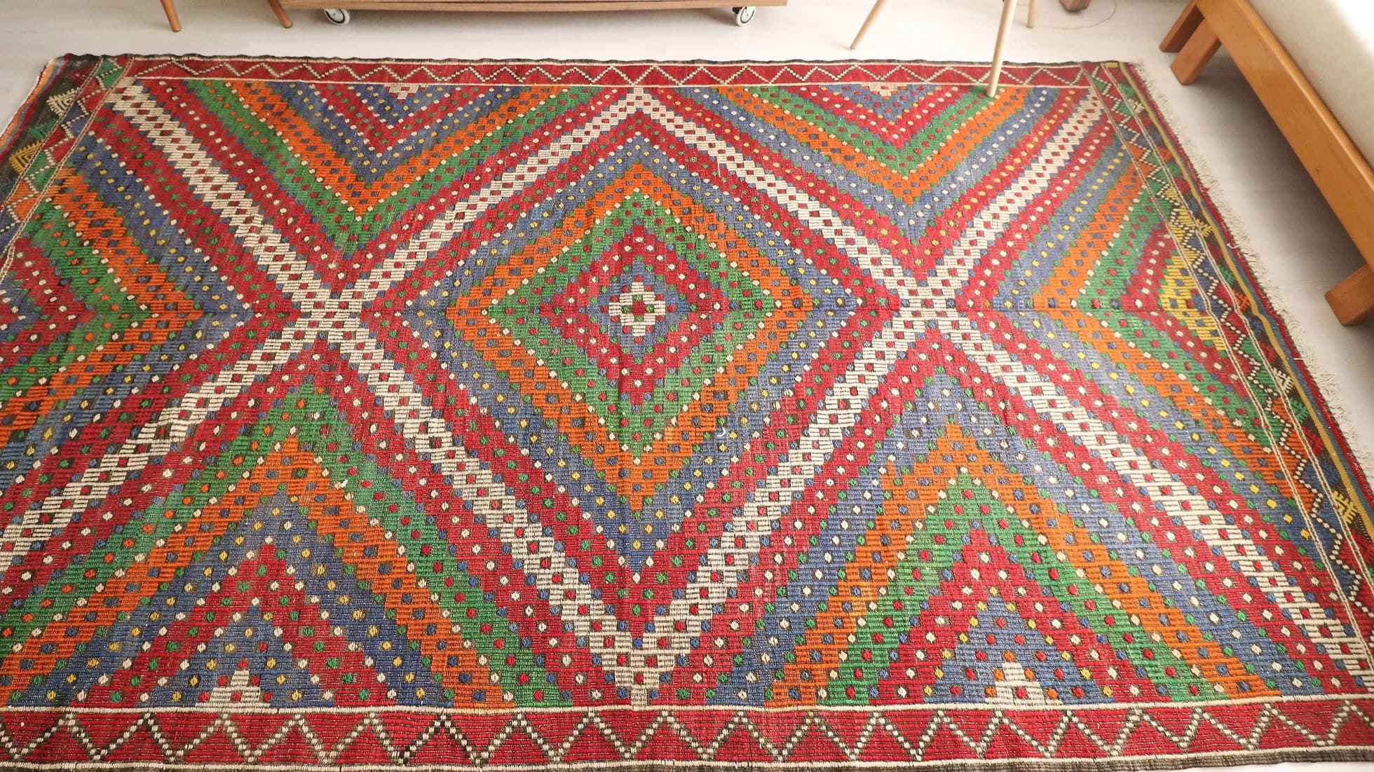 muted hand-knotted vintage Soumak Turkish Kilim Rug in earthy tones