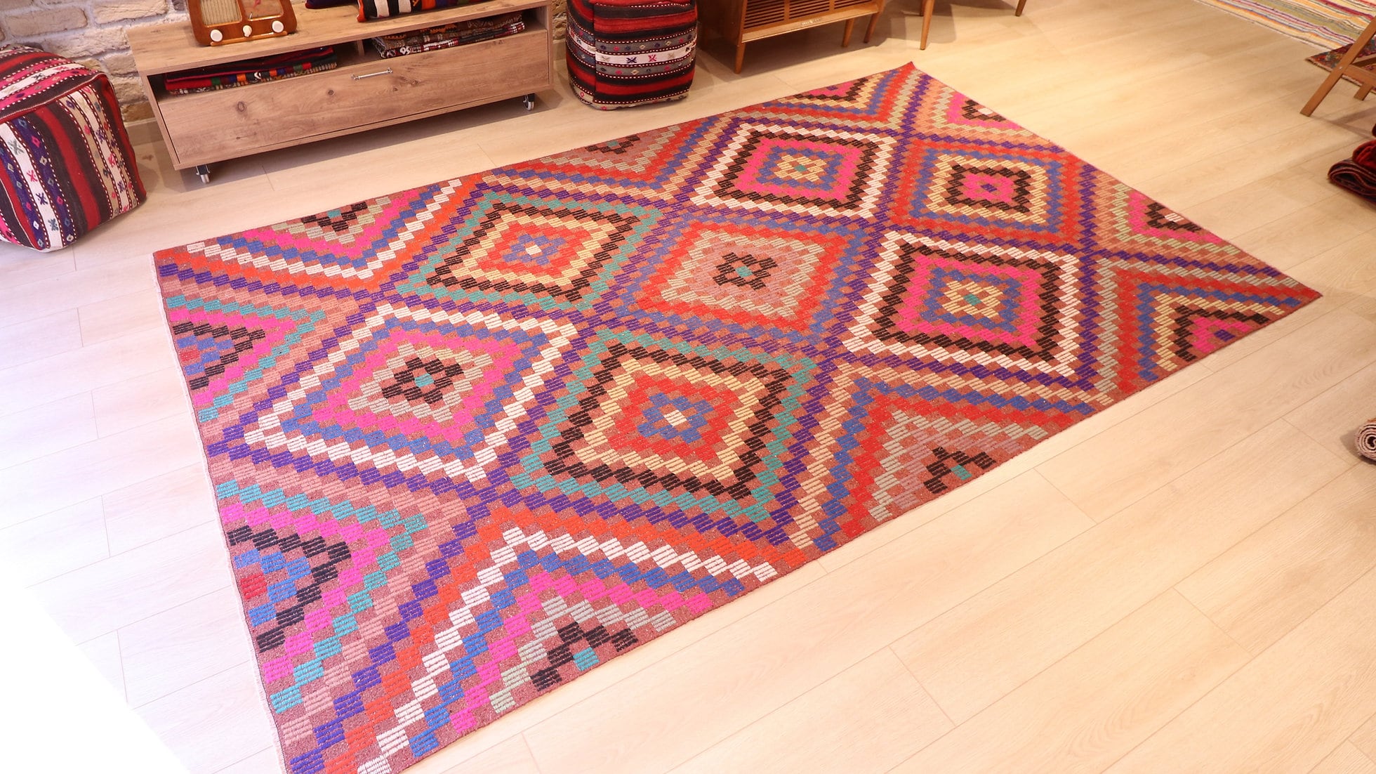 Vintage tribal Kilim rug in pink, blue, purple