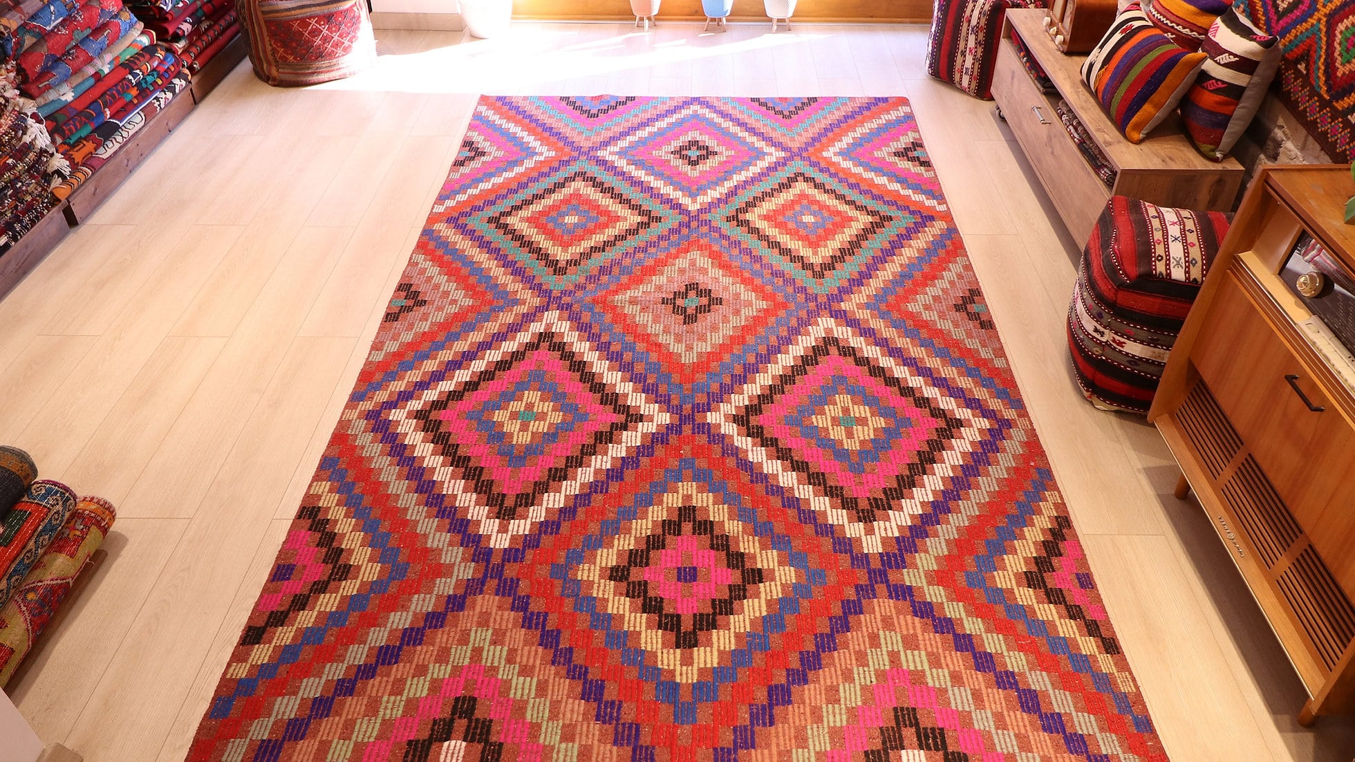 Vintage tribal Kilim rug in pink, blue, purple