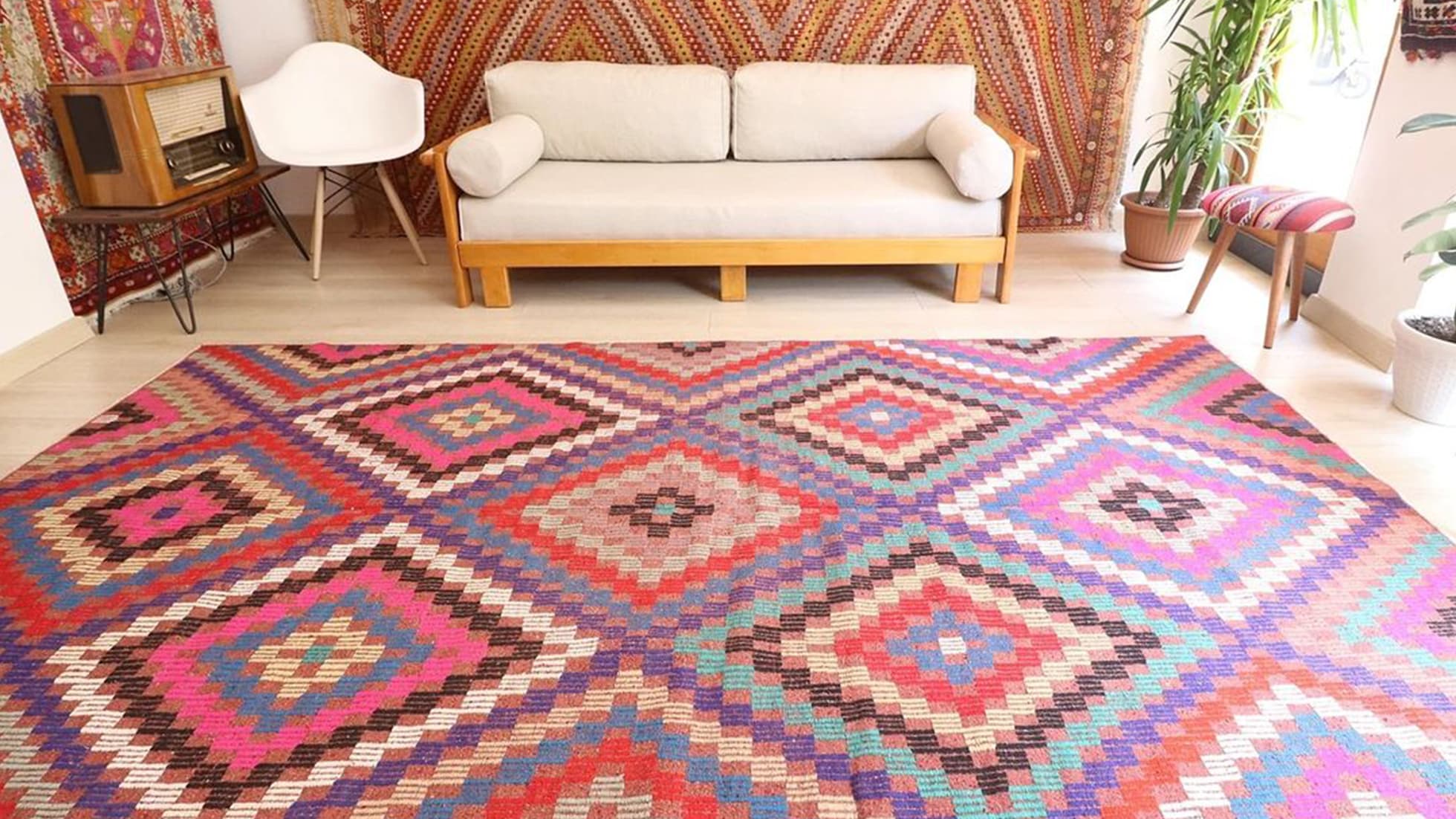 Vintage tribal Kilim rug in pink, blue, purple