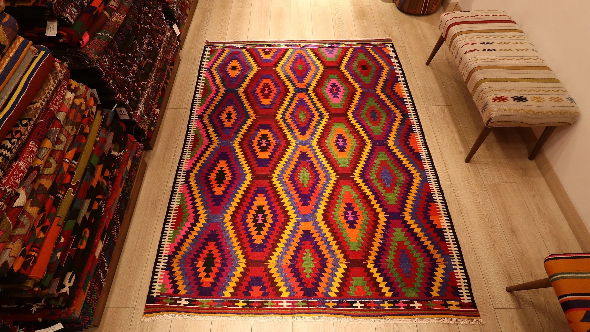 vintage modern Anatolian kilim rug in colorful diamond patterns by Kilim Couture New York