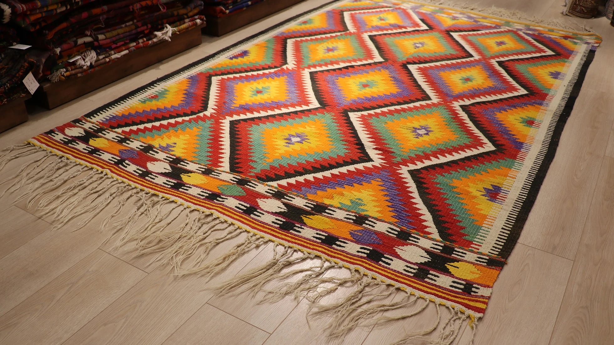 vintage colorful modern kilim rug in lozenge patterns by Kilim Couture New York