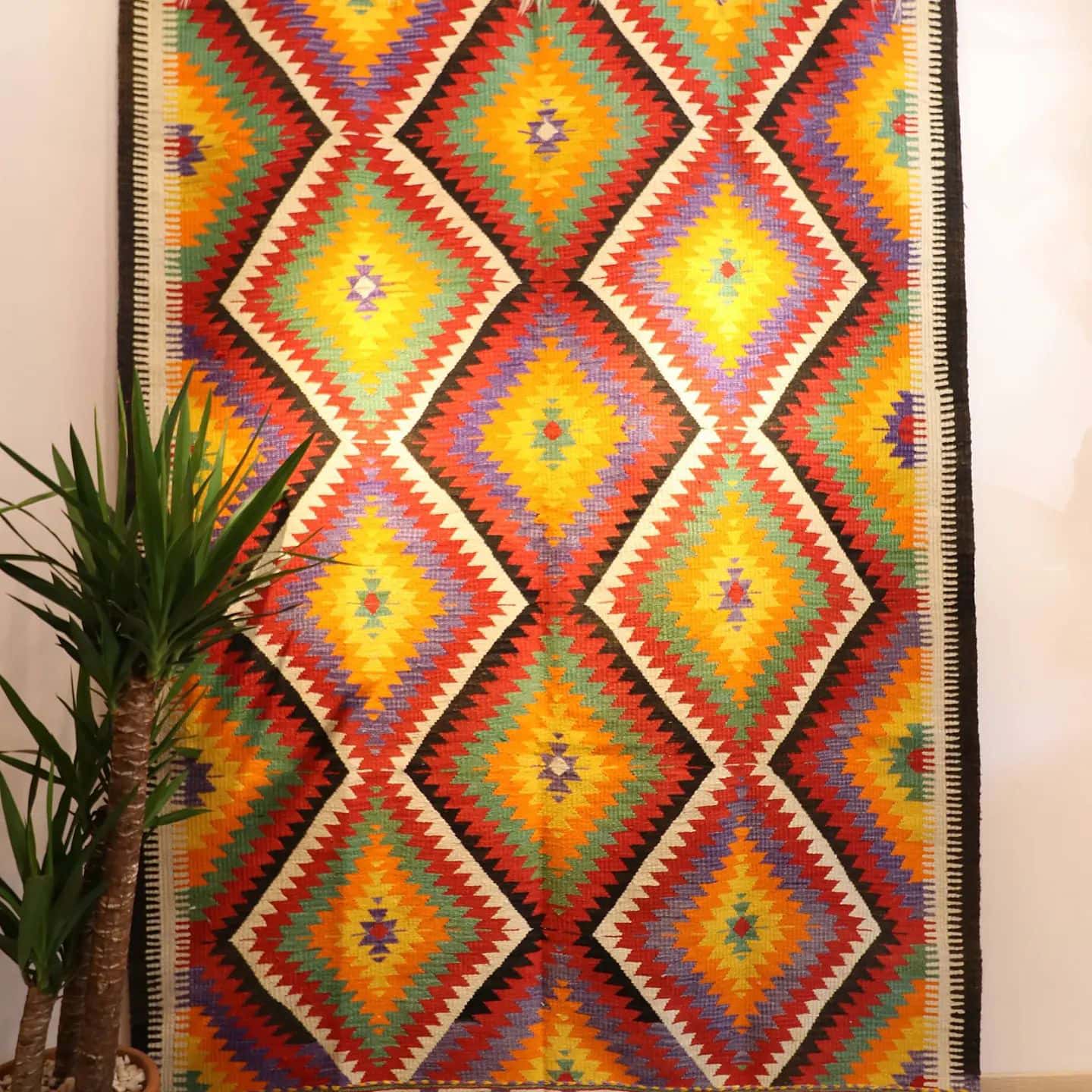 vintage Turkish hand-knotted contemporary flat-weave rug in colorful diamond patterns