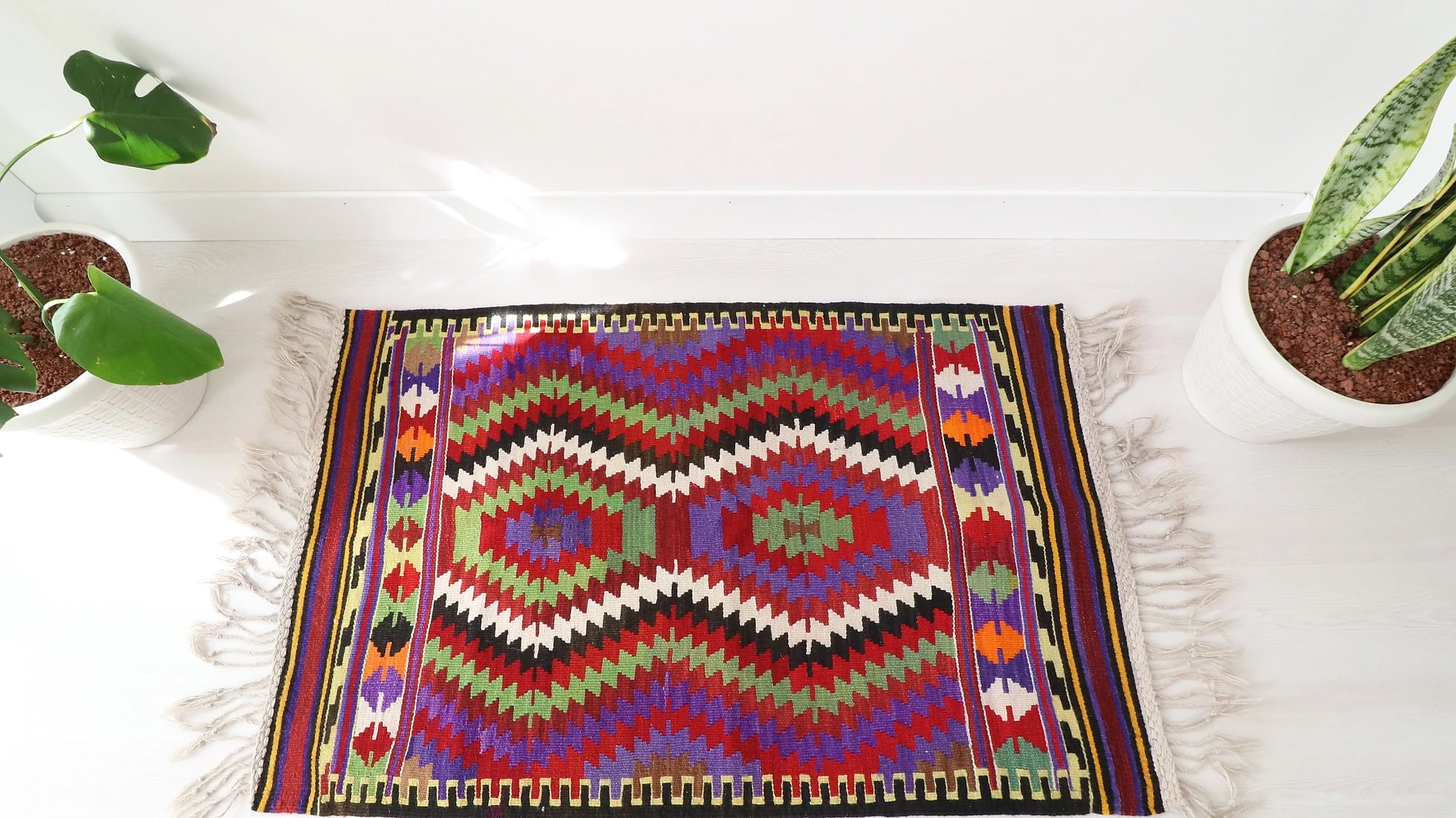 vivid and vibrant small flat-weave area rug from Antalya showcasing colorful and contemporary traditional Anatolian kilim motifs
