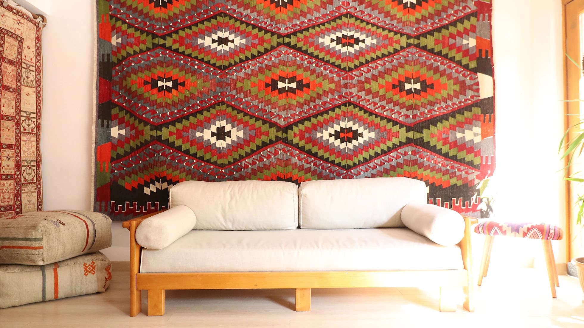 a gorgeous and magnificent vintage Turkish flat-weave rug in rustic tones from Antalya, handpicked by Kilim Couture New York