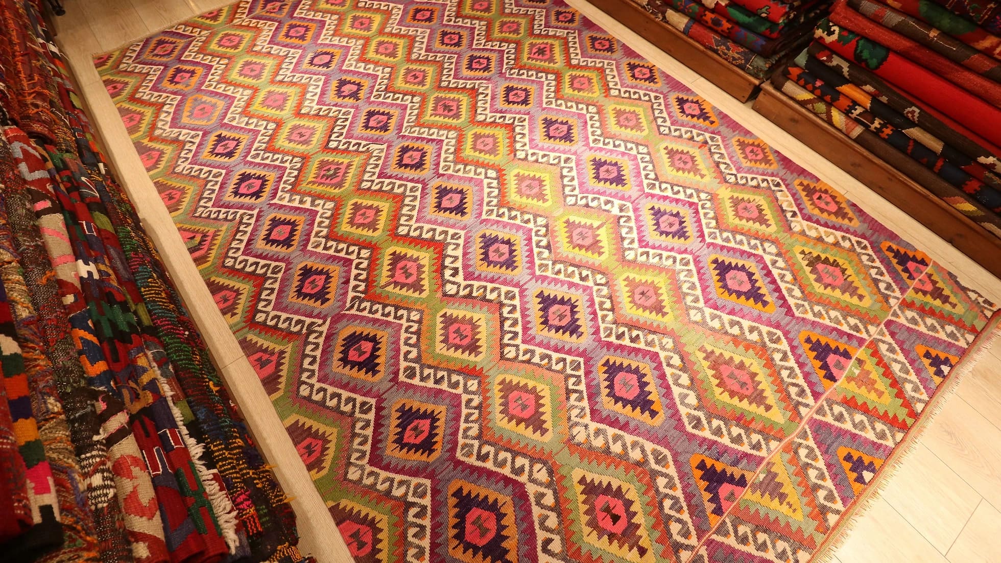 a magnificent mid-century Turkish tribal rug from Antalya in pastel diamond motifs, circa 1950s by Kilim Couture New York