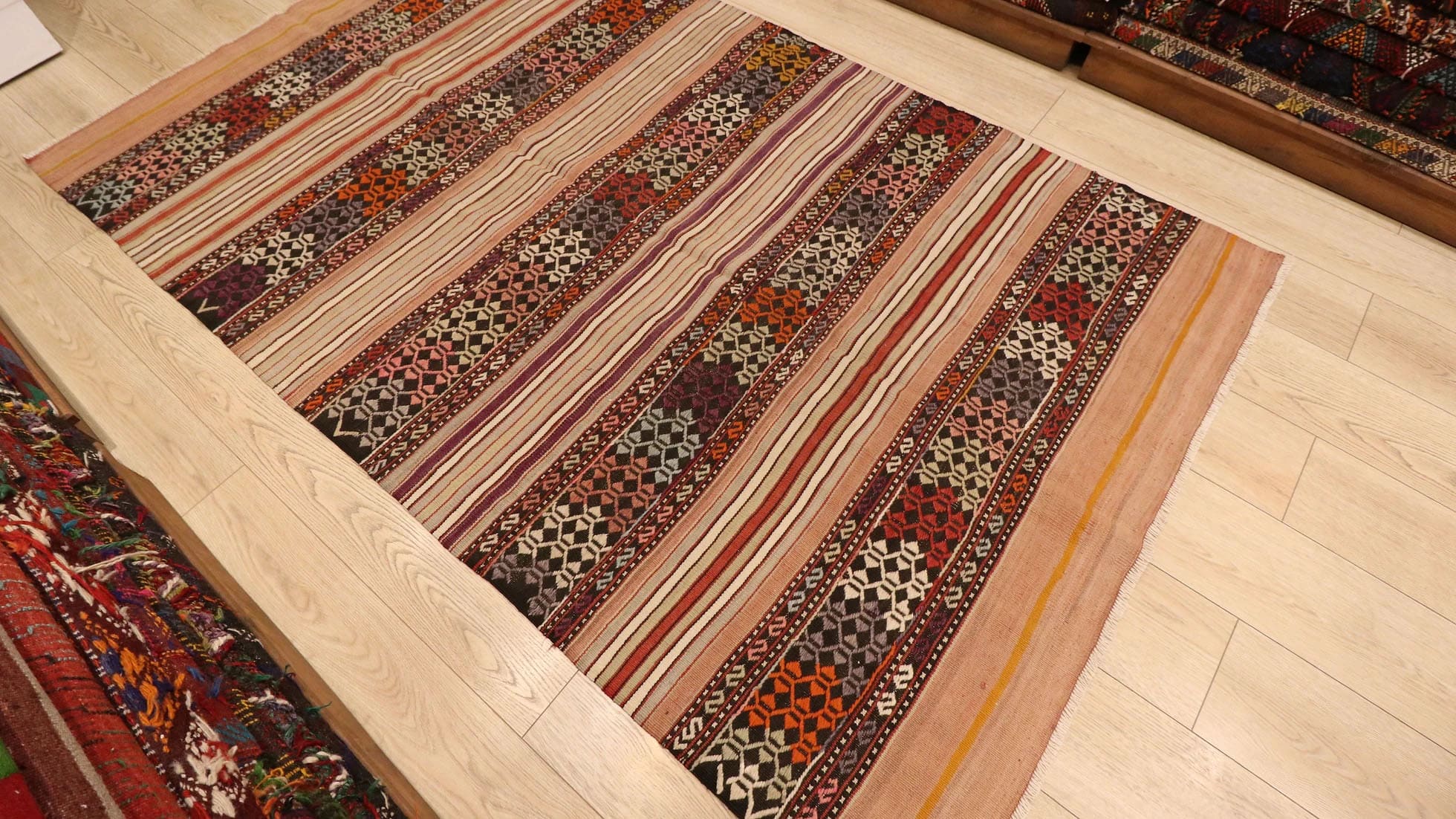 perfect handwoven Turkish neutral flat rug in muted color palette by Kilim Couture New York rug gallery