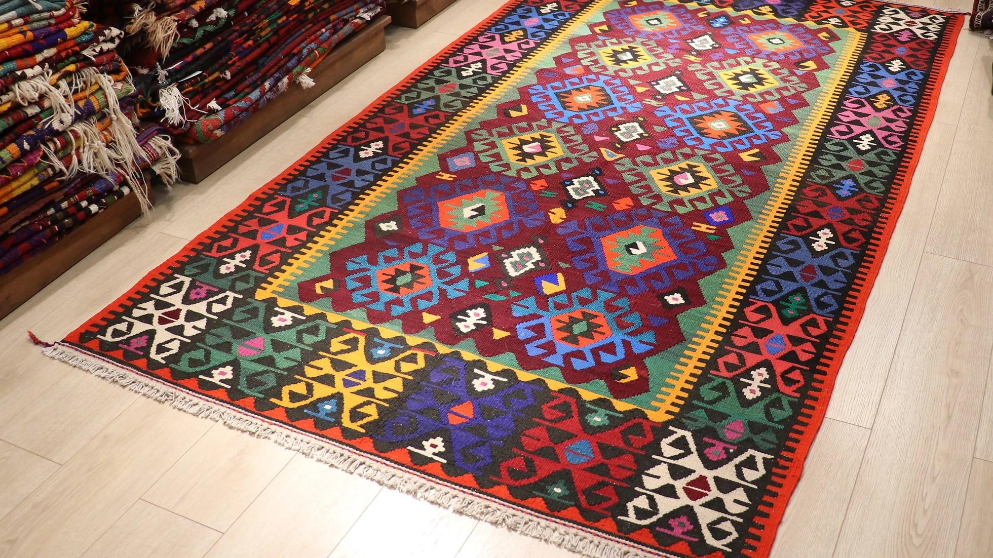vintage Turkish hand-knotted cal tribal kilim in multicolors