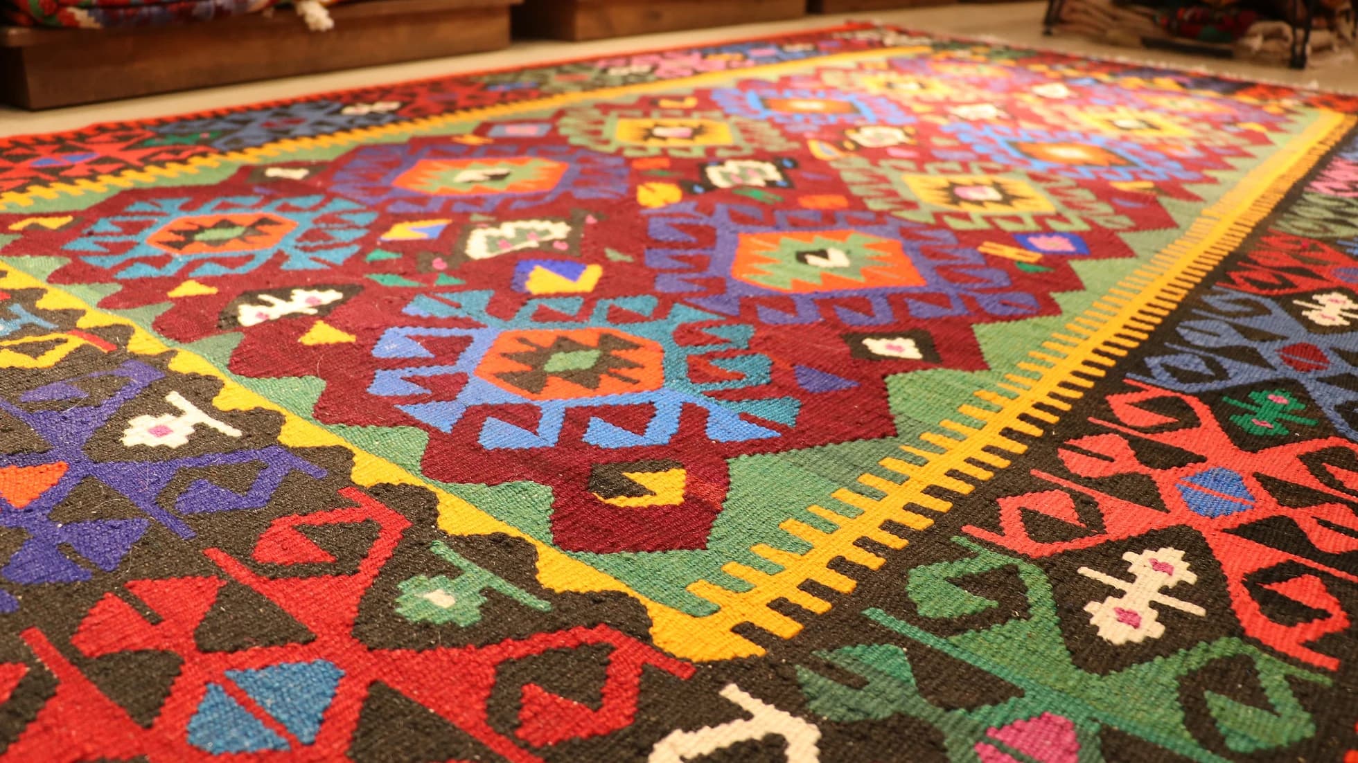 vintage Turkish hand-knotted cal tribal kilim in many colors