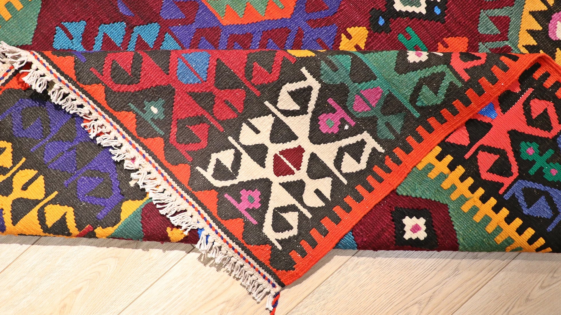 vintage Turkish hand-knotted cal tribal kilim in many colors