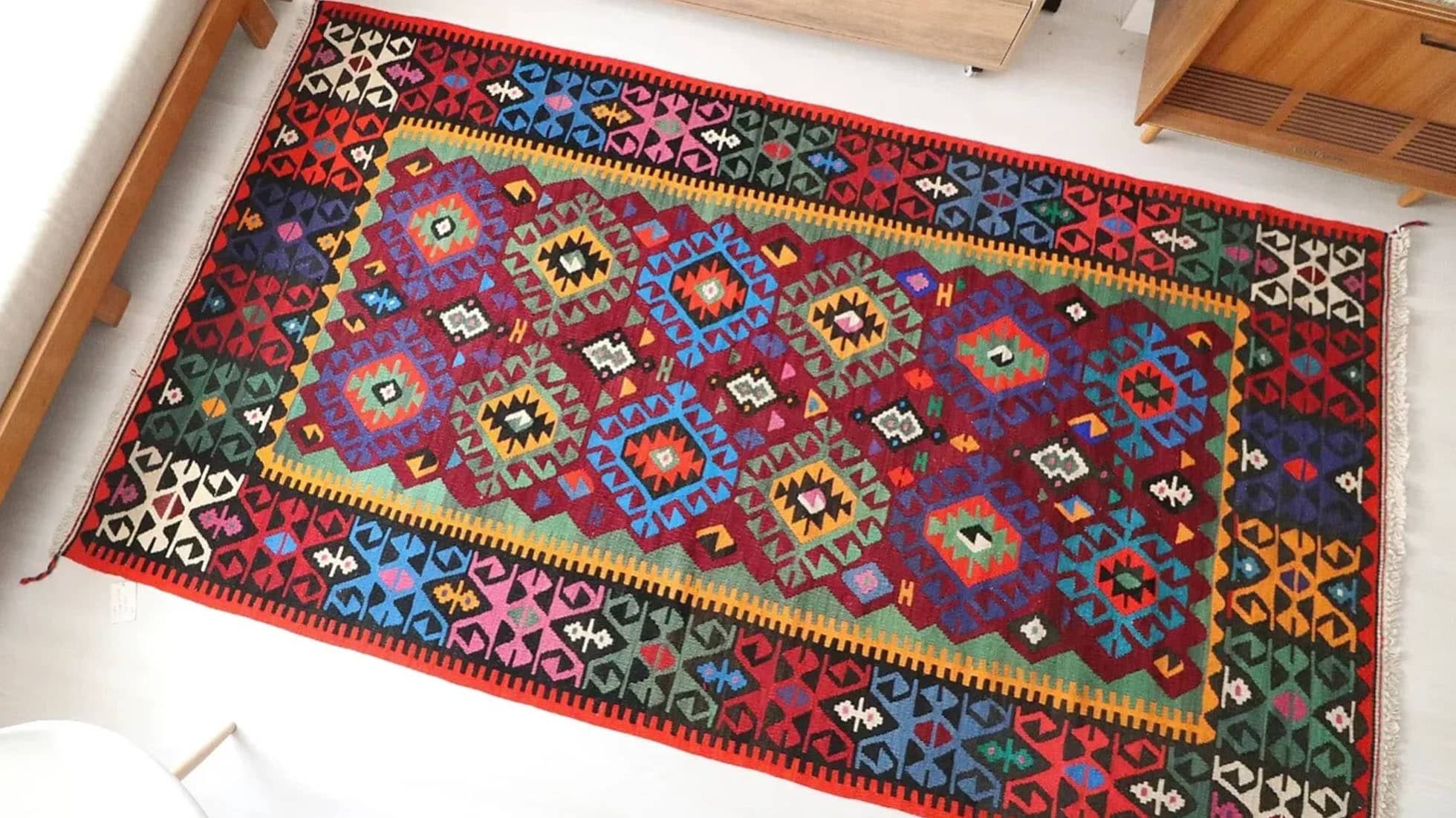 vintage Turkish hand-knotted cal tribal kilim in many colors