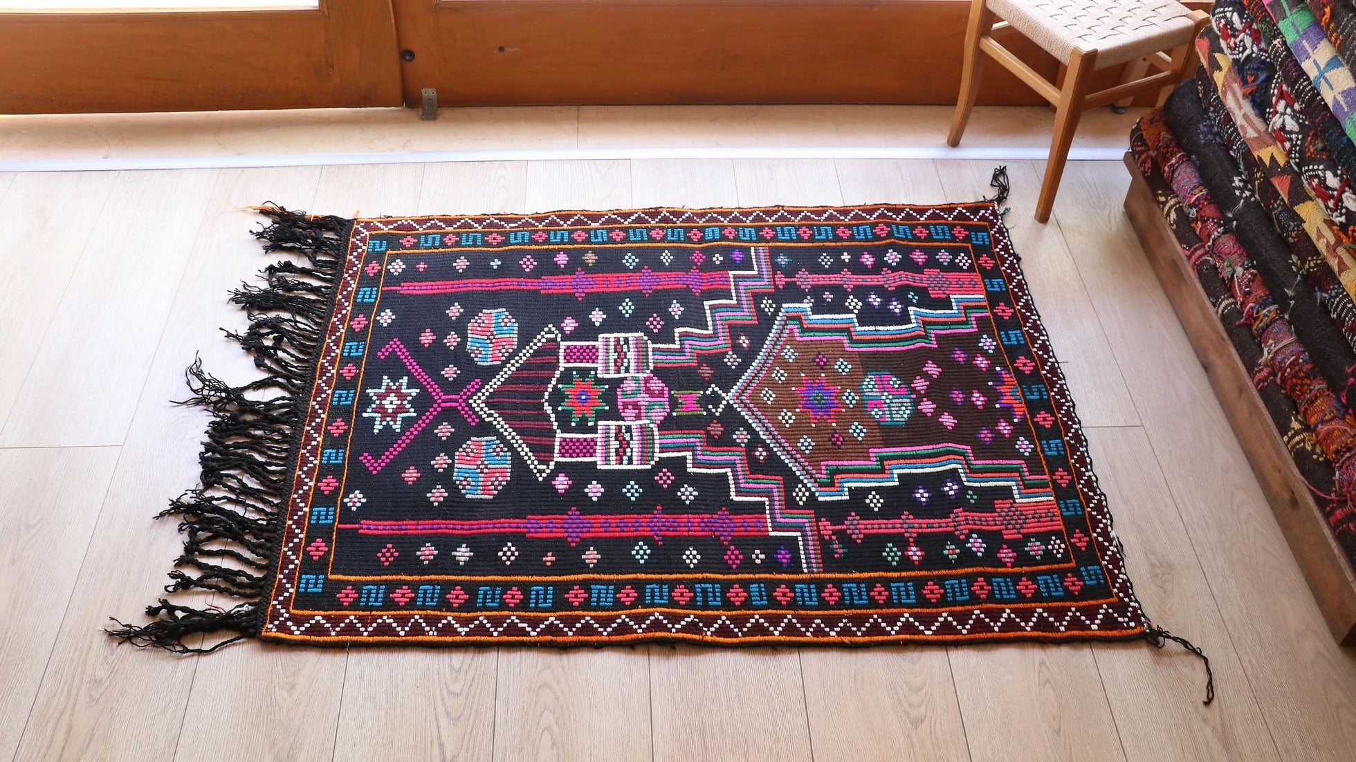 vintage handwoven Cecim Kilim prayer small area rug in gorgeous fuchsia and amethyst colors with black tassels