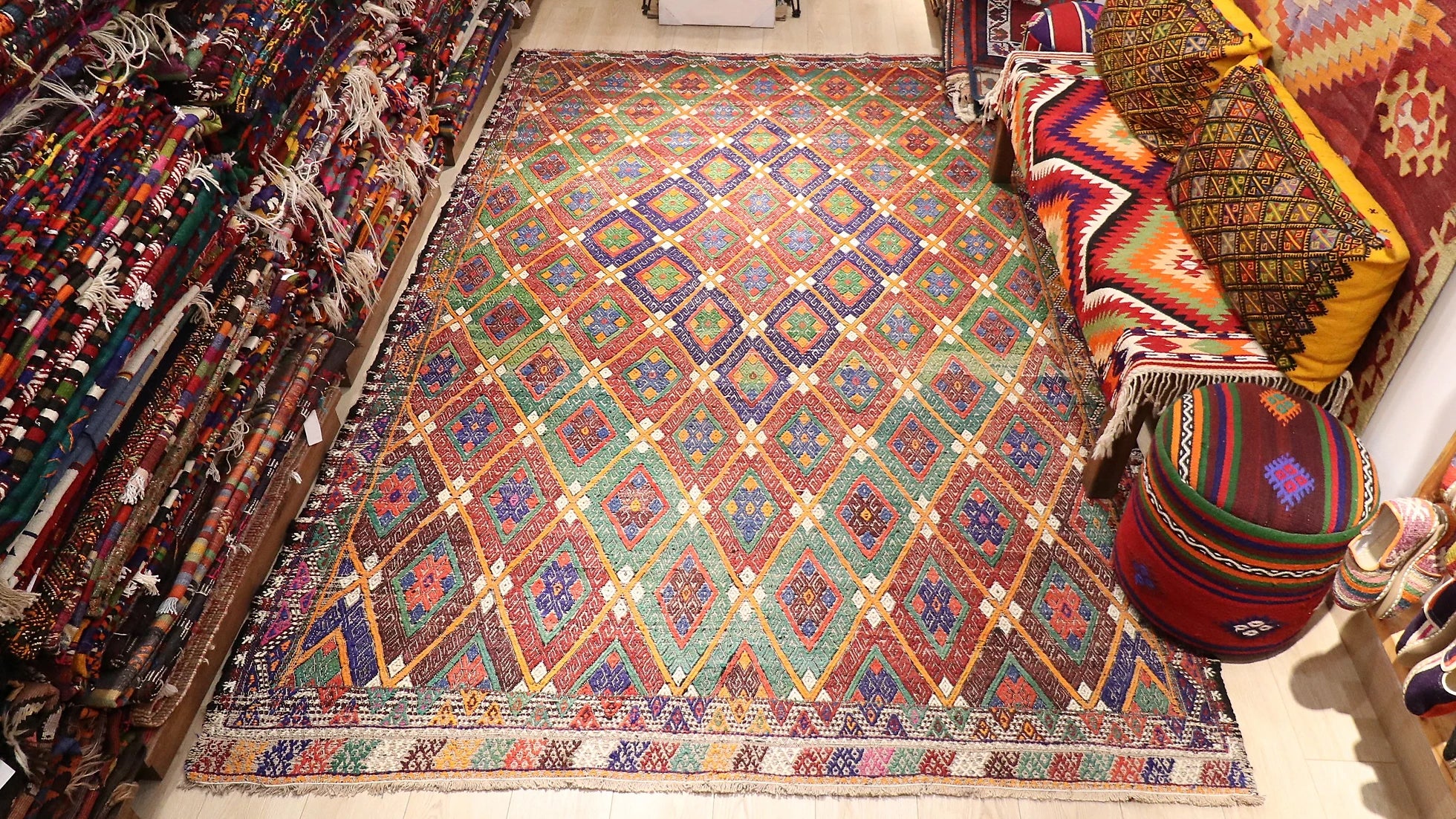 vintage Turkish embroidered style Cecim Kilim rug in pastel hues
