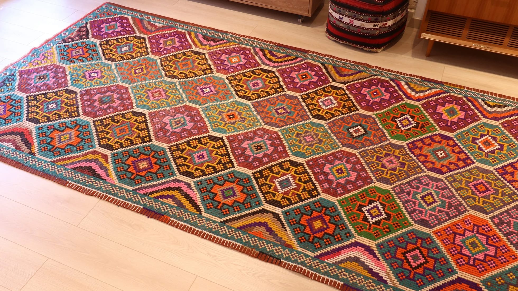 Vintage handwoven flat-weave luxury Cecim Kilim Rug in vibrant and vivid colors