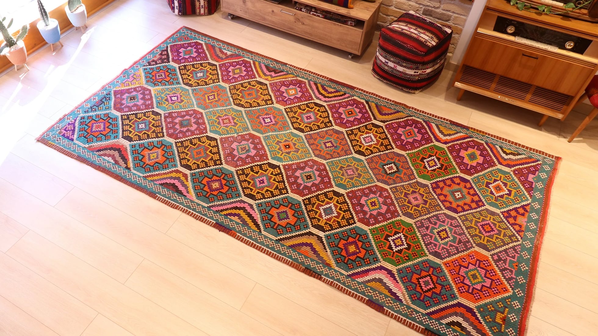 Vintage handwoven flat-weave luxury Cecim Kilim Rug in vibrant and vivid colors