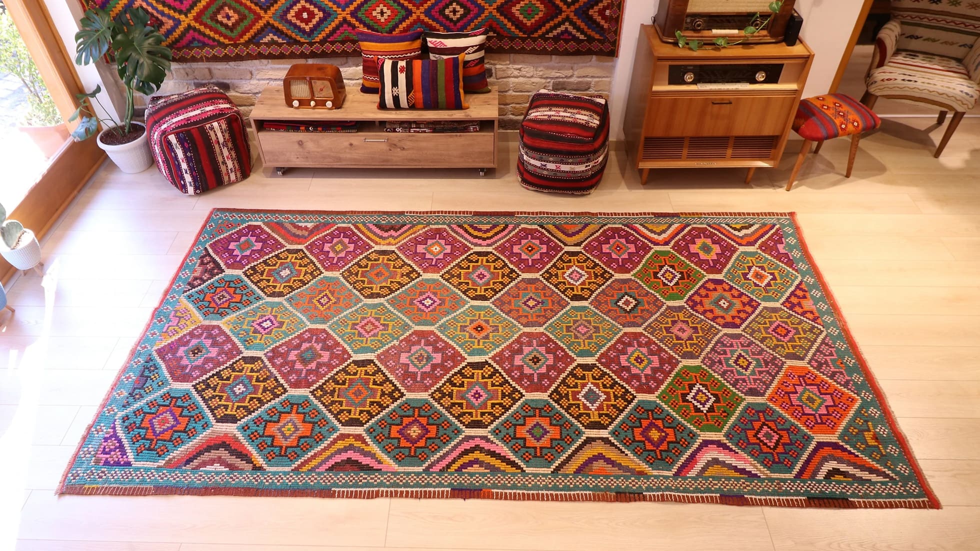 Vintage handwoven flat-weave luxury Cecim Kilim Rug in vibrant and vivid colors