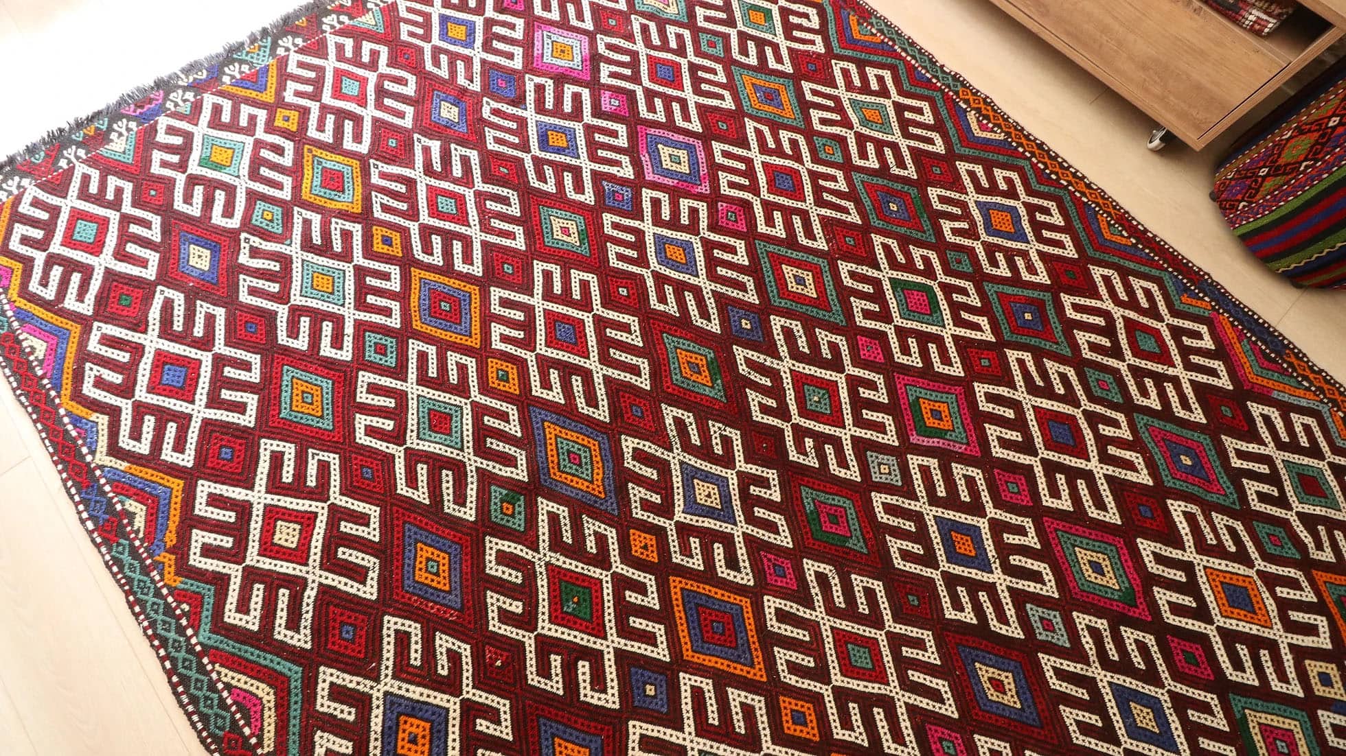 embroidered tribal Denizli Kurdish cecim kilim rug in many vibrant colors