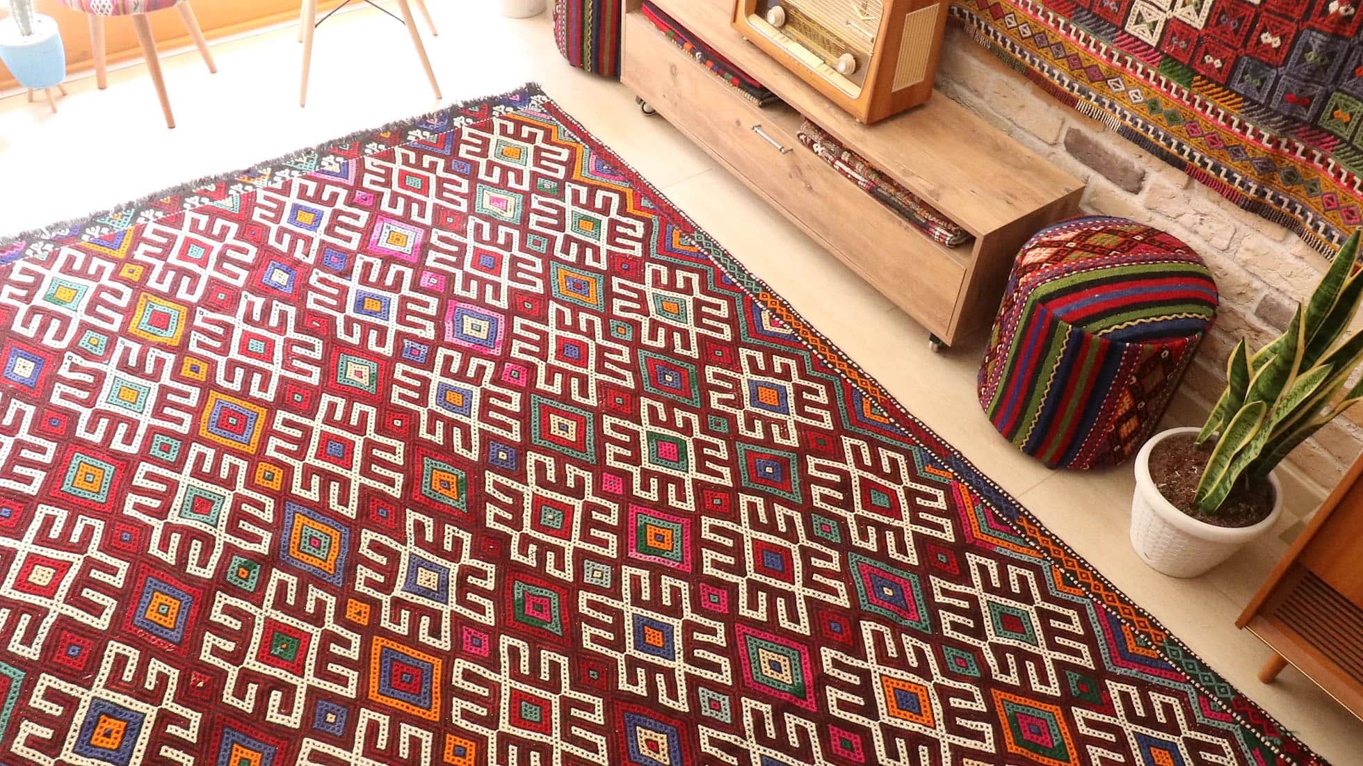 embroidered tribal Denizli Kurdish cecim kilim rug in many vibrant colors