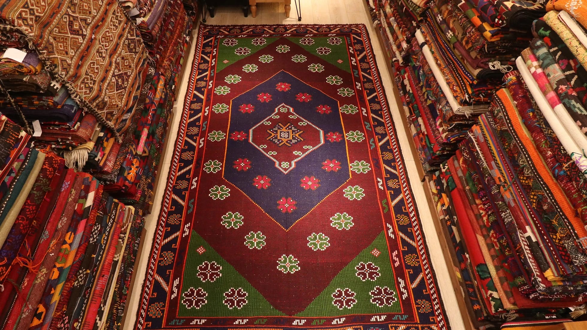 Vintage rare handmade oriental wool large area rug in rustic red