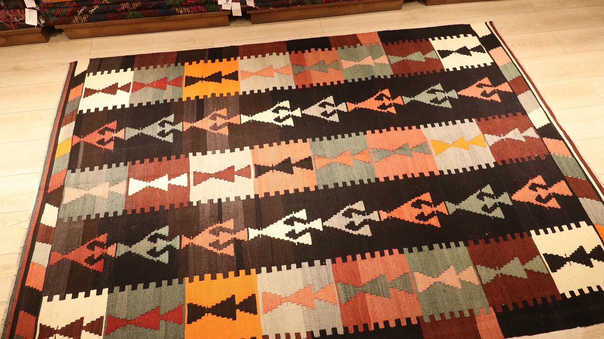 Vintage handwoven farmhouse rug from Turkey in country and Texas style