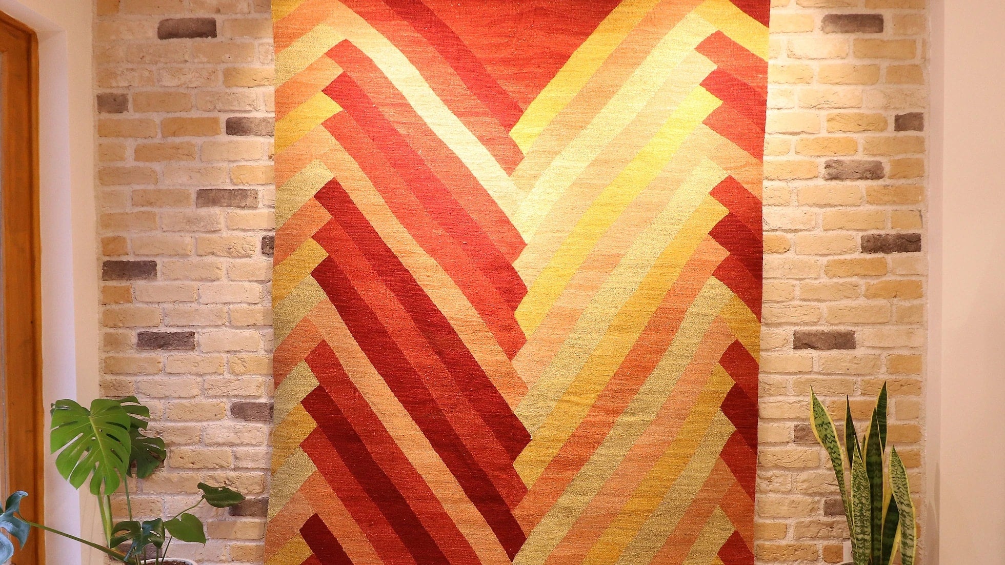 a glorious handmade modern and geometric Turkish kilim rug in art deco style from the 1980s