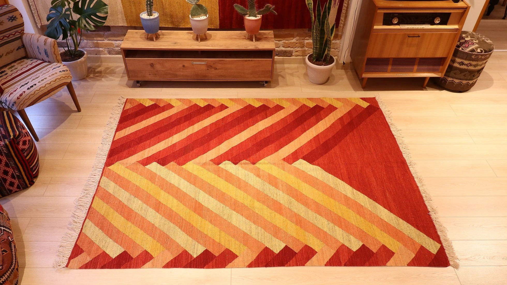 a glorious handmade modern and geometric Turkish kilim rug in art deco style from the 1980s