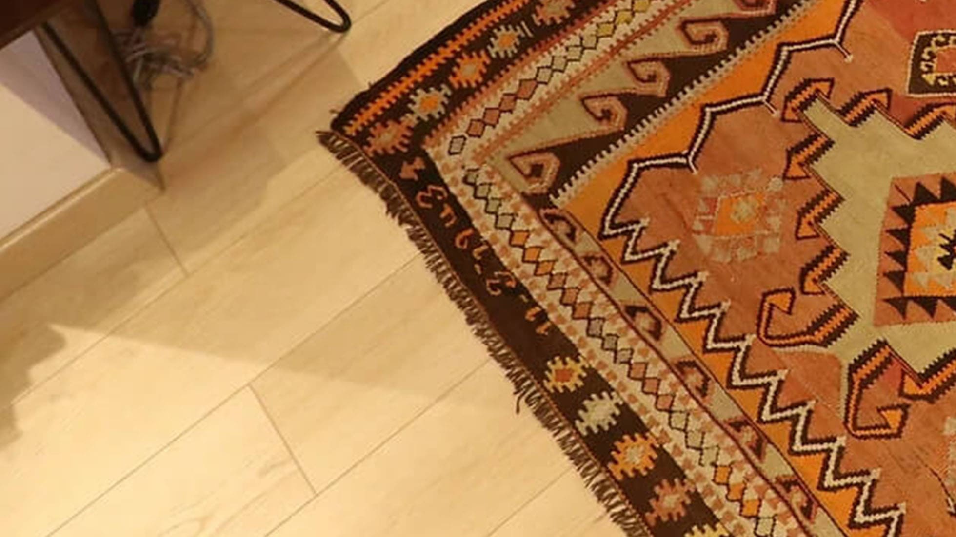 date signed vintage handwoven wool Kars runner rug for long hallway or gallery in tribal style with geometric patterns and medallions