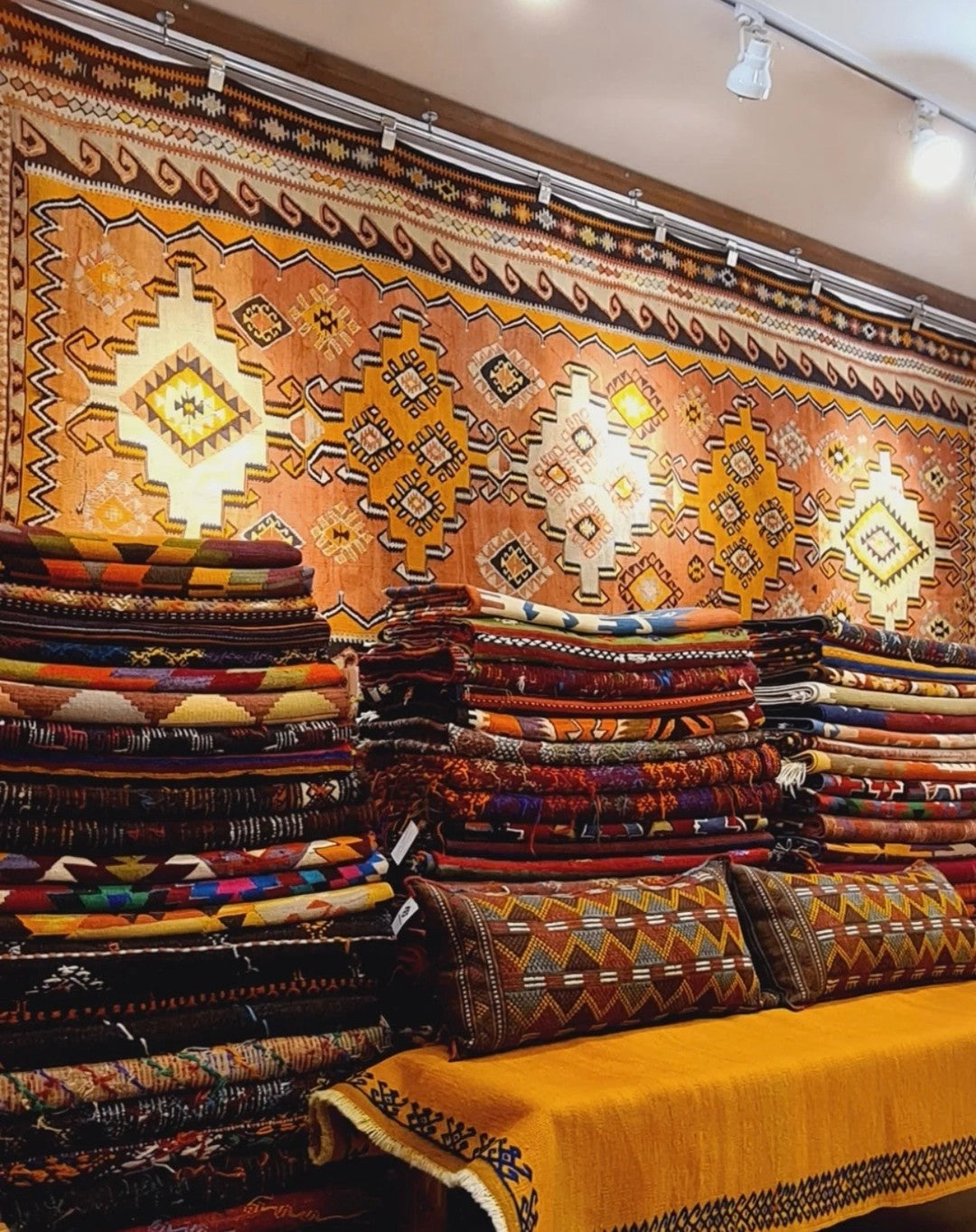 date signed vintage handwoven wool Kars runner rug for long hallway or gallery in tribal style with geometric patterns and medallions