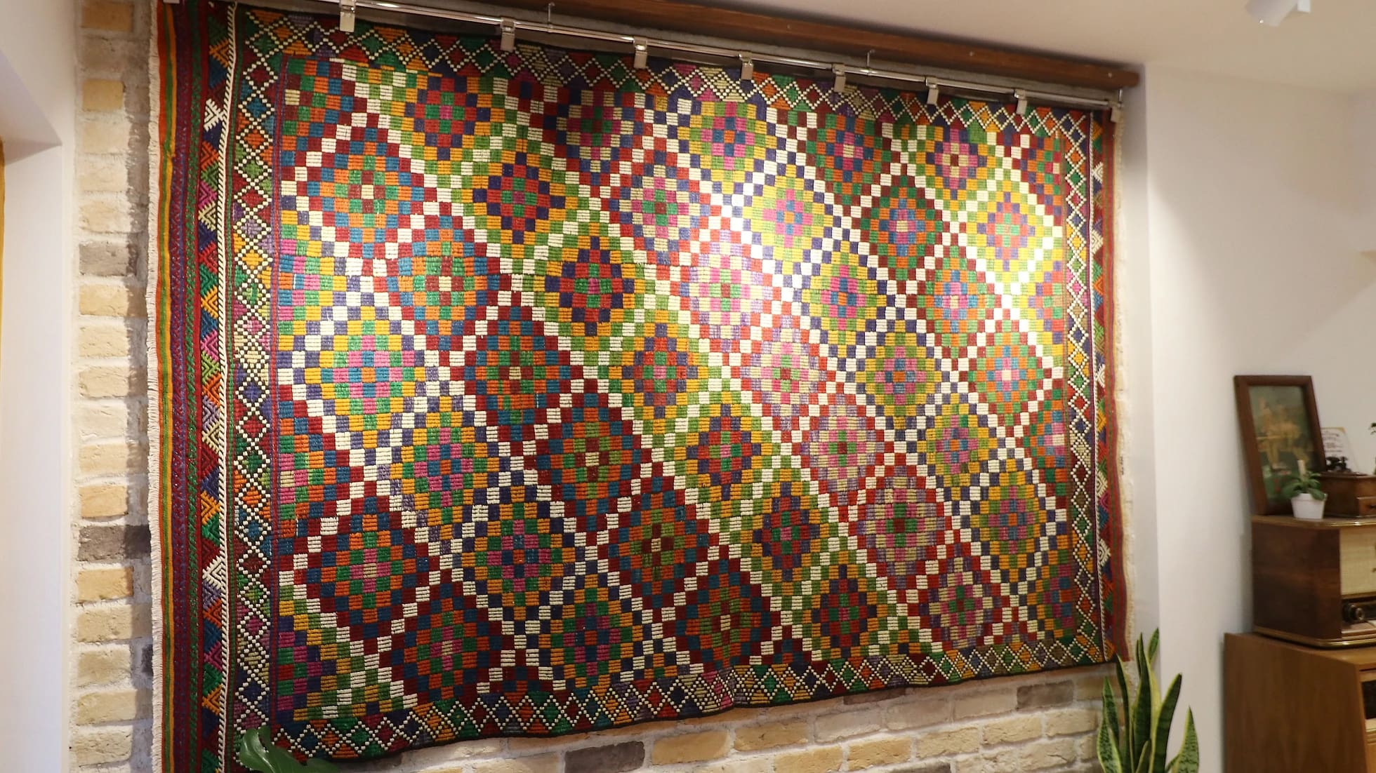 vintage Turkish wool large area rug in diamond patterns