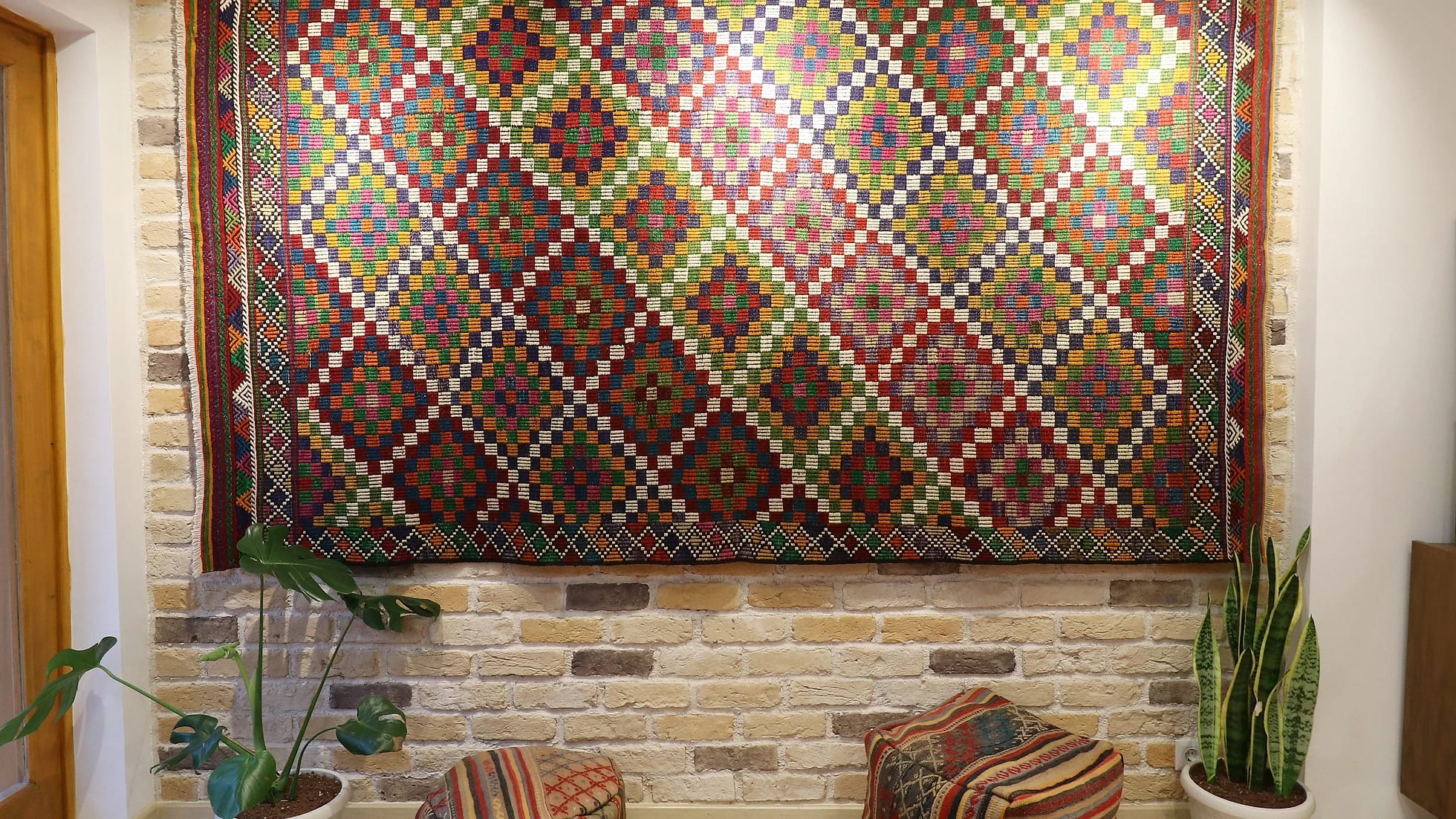 mid-century Turkish contemporary rug with colorful diamond / lozenge patterns all over the design