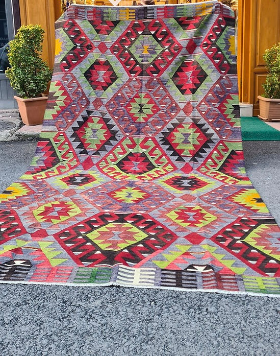 vintage Turkish handwoven tribal and geometric kilim rug from Manisa in rich rustic tones