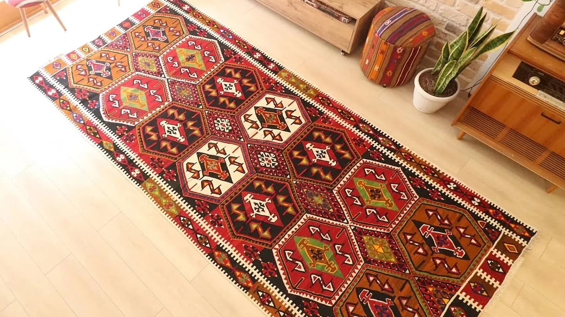 vintage handwoven flat-weave maras kilim rug with many geometric patterns in many traditional colors