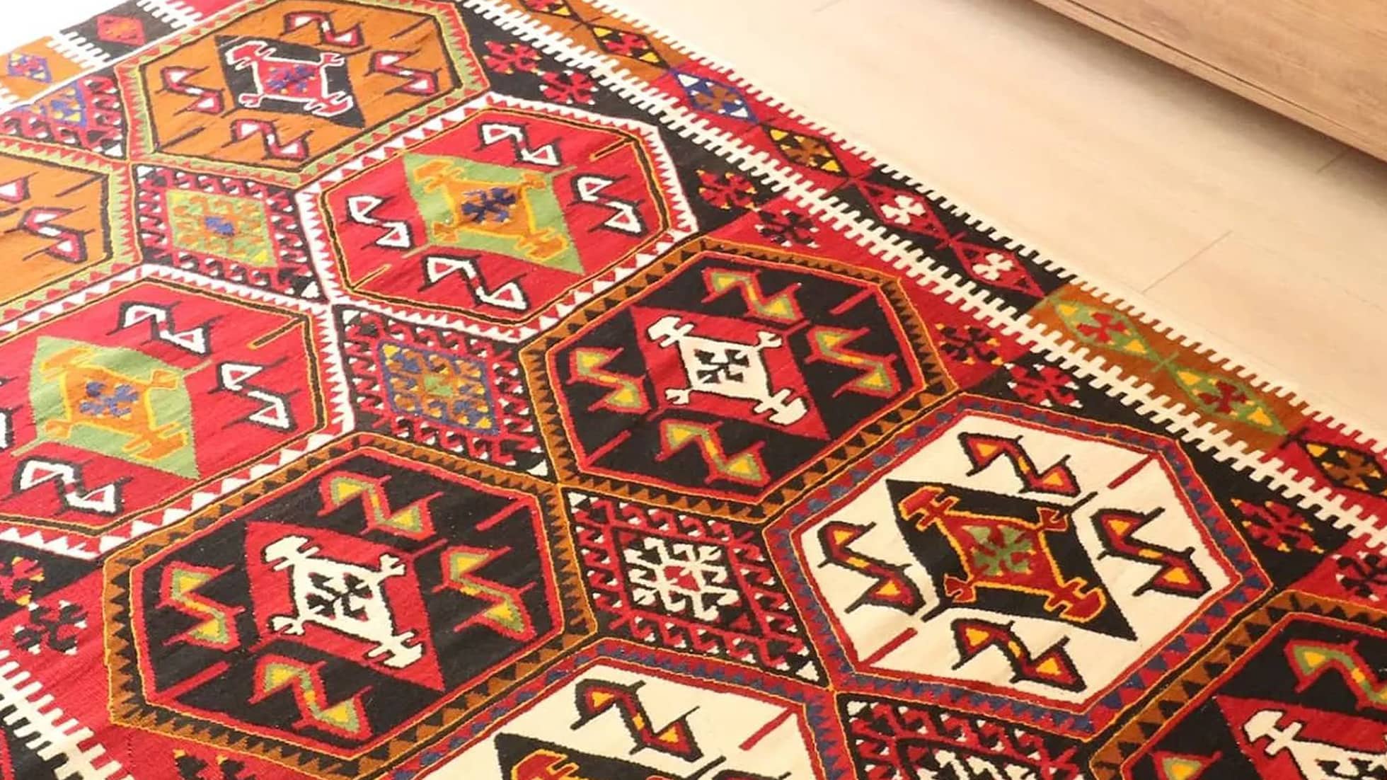 vintage handwoven flat-weave maras kilim rug with many geometric patterns in many traditional colors