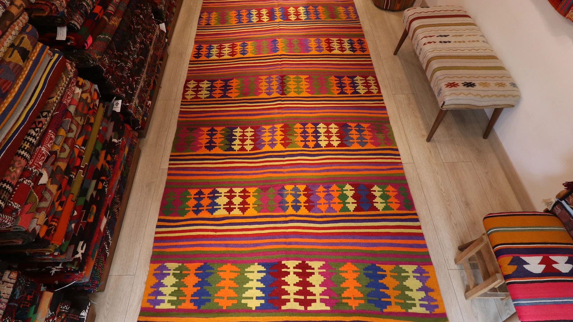a colorful and tribal mid-century Anatolian runner rug at Kilim Couture New York rug gallery