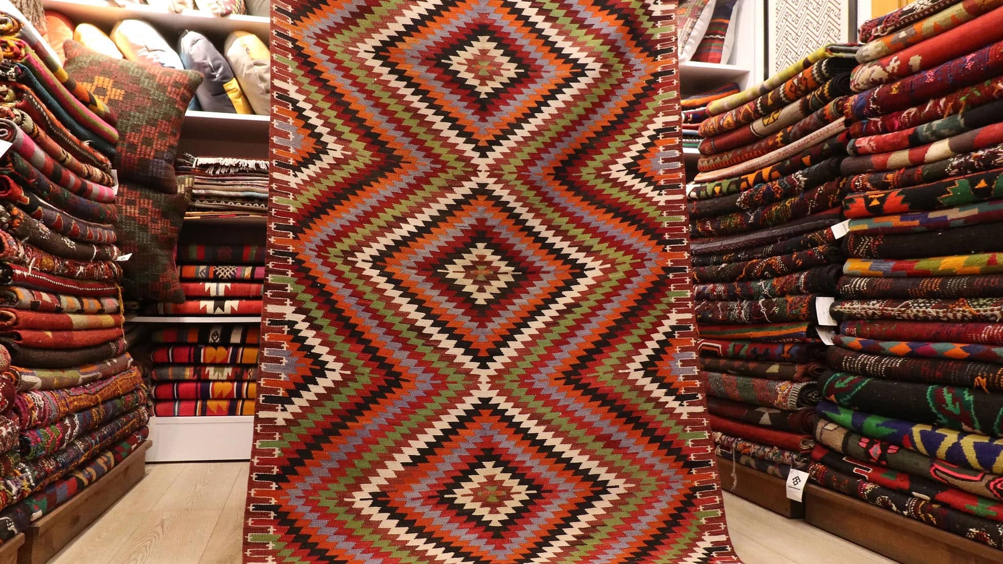 Vintage Handwoven Turkish Kilim Rug in Diamond Patterns