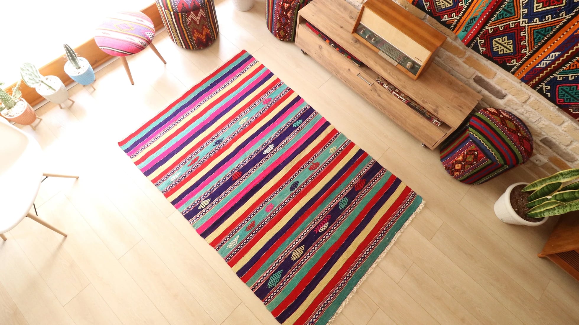 vintage handwoven wool kilim rug in NYC rug store