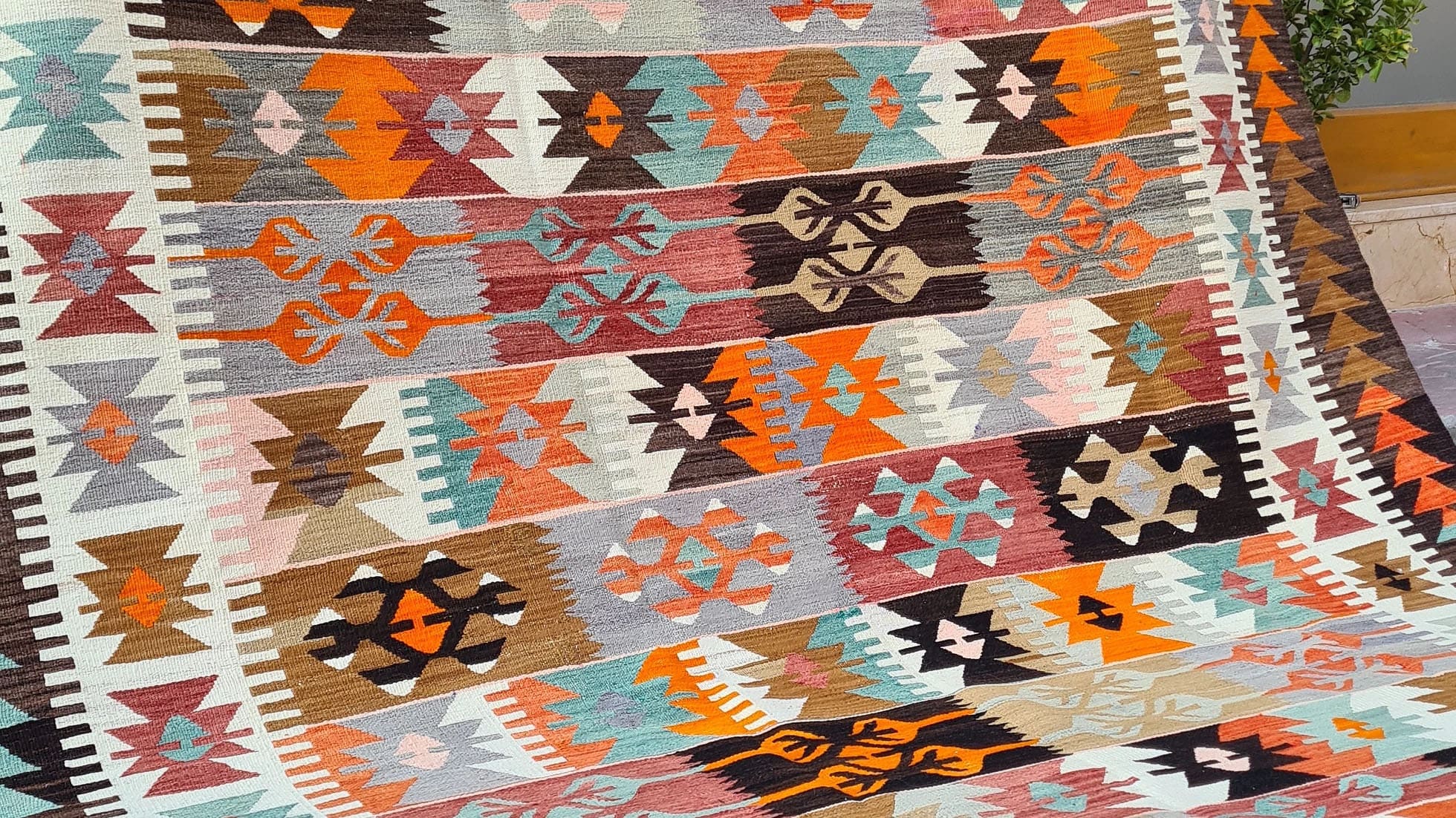 Rare Tribal Kilim Rug from Turkey in Orange Red, Mint, Taupe, Ivory