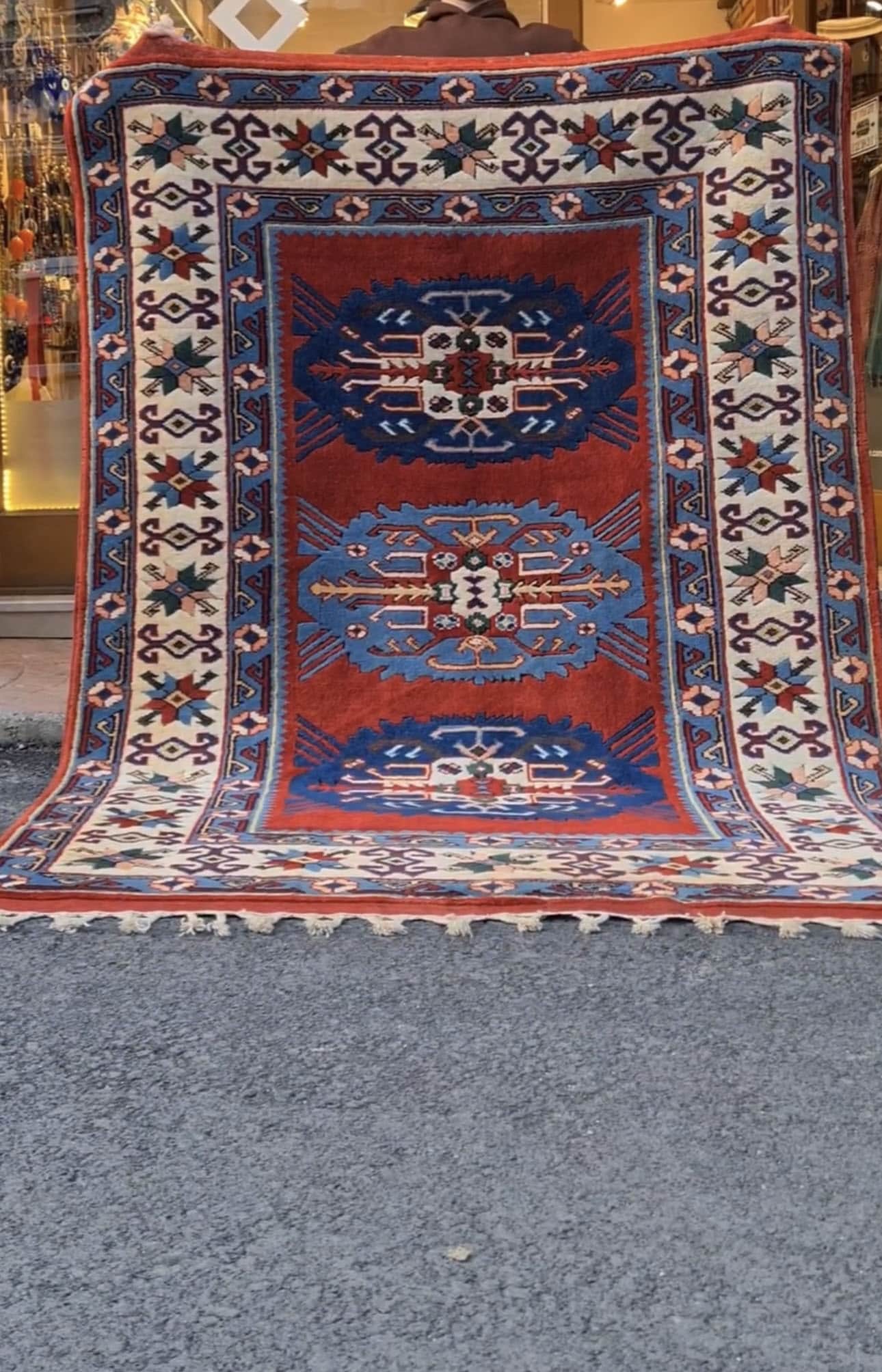 Mid-Century Turkish Rare Pergamon Oriental Rug in Red, Blue and Cream by Kilim Couture New York