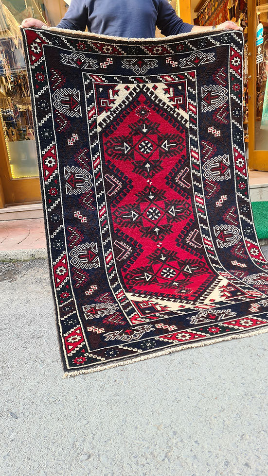 Vintage Dosemealti Oriental Rug from 1960s-1970s, 4x6 ft, handwoven in Antalya, Turkey, with Gordes knot. Features earthy tones of crimson, terracotta, beige, and blue with black accents, made from natural wool.