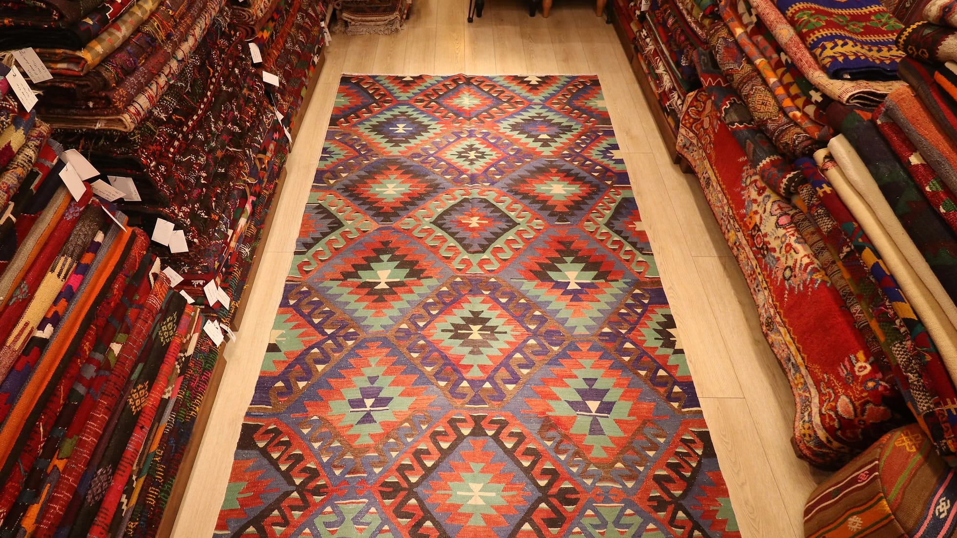very authentic Turkish flat-woven in ocean blue, mint and red resembling coastal vibes for summer houses