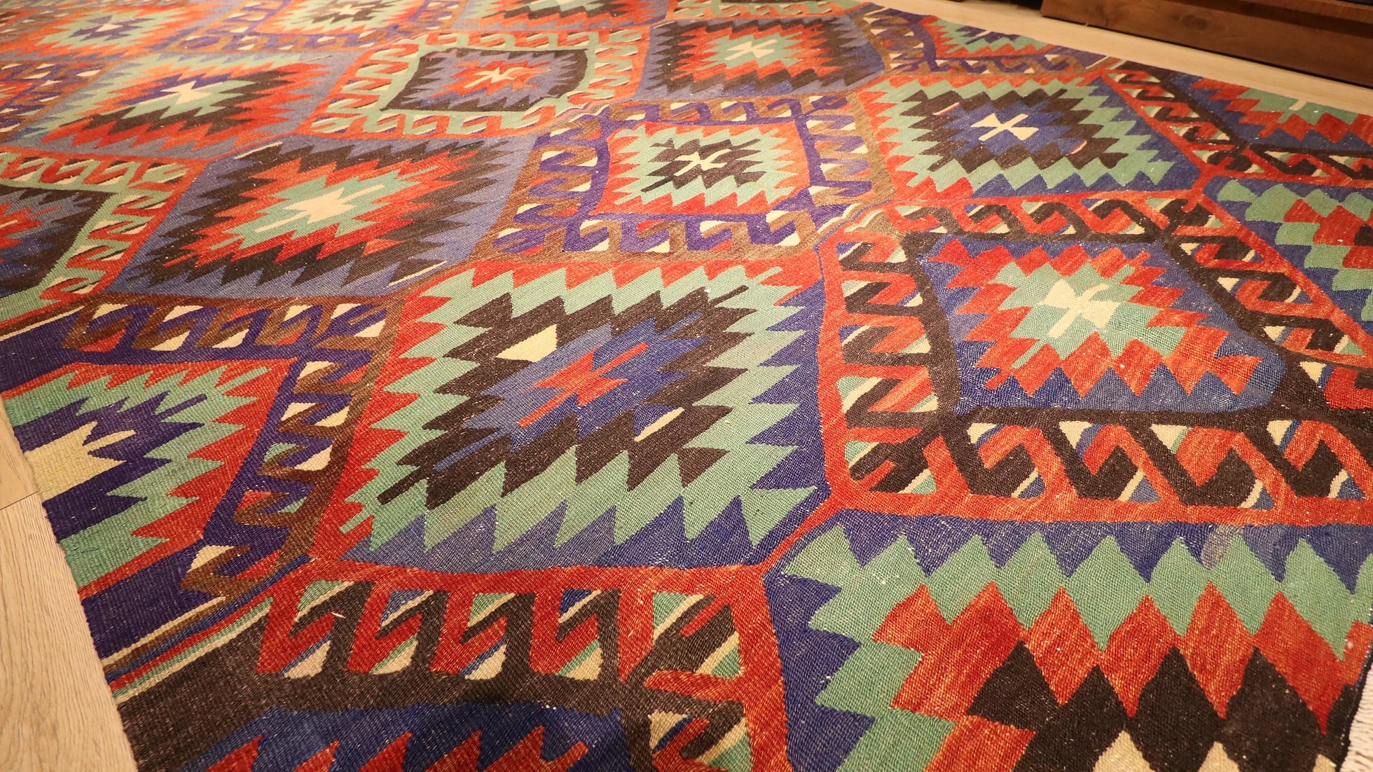very authentic Turkish flat-woven in ocean blue, mint and red resembling coastal vibes for summer houses