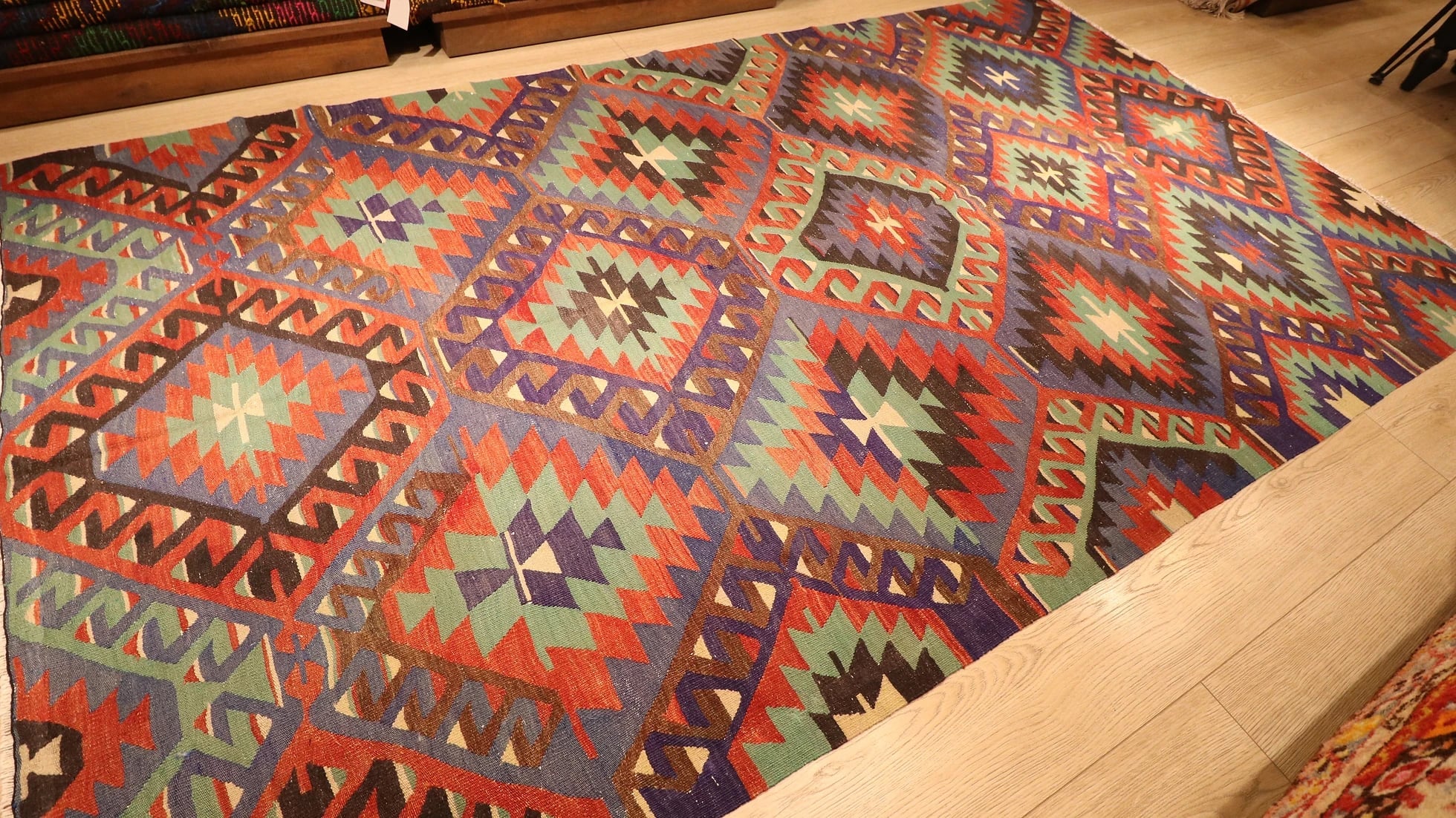 very authentic Turkish flat-woven in ocean blue, mint and red resembling coastal vibes for summer houses