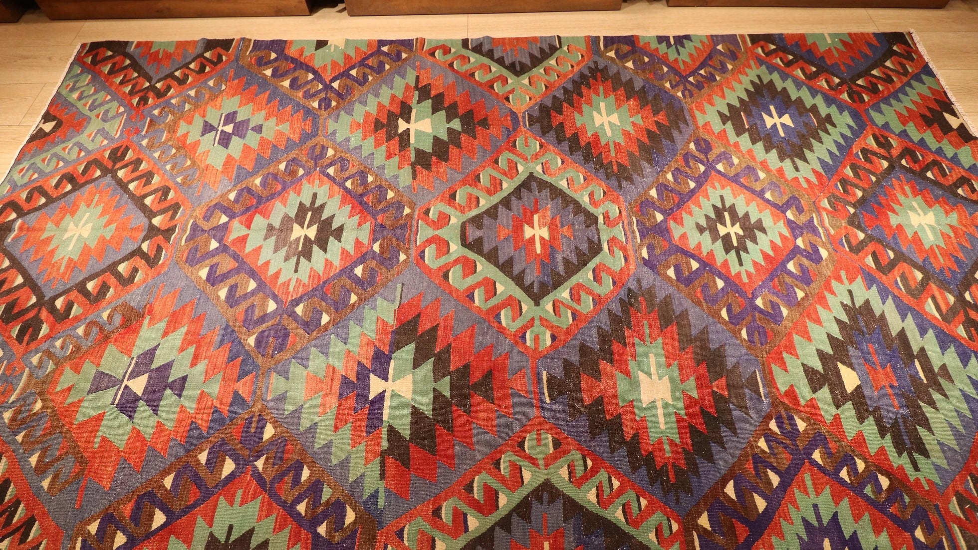 very authentic Turkish flat-woven in ocean blue, mint and red resembling coastal vibes for summer houses
