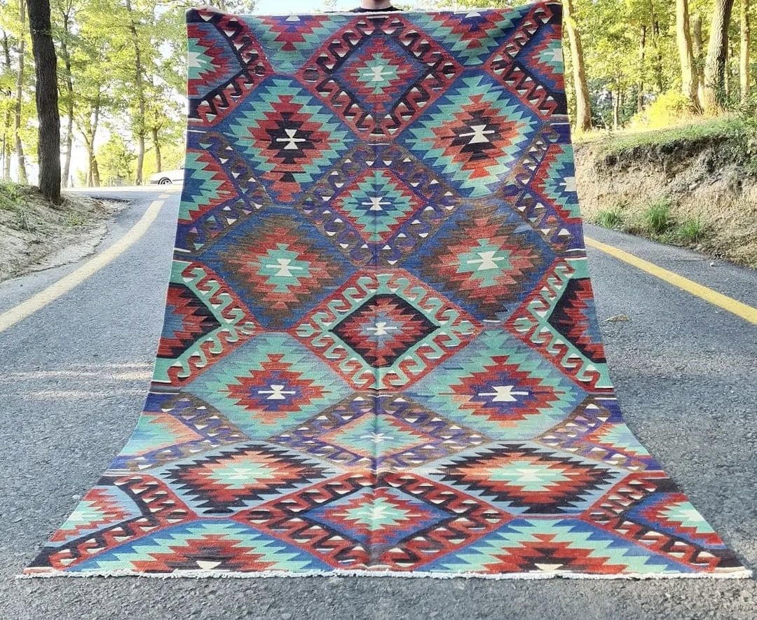 very authentic Turkish flat-woven in ocean blue, mint and red resembling coastal vibes for summer houses