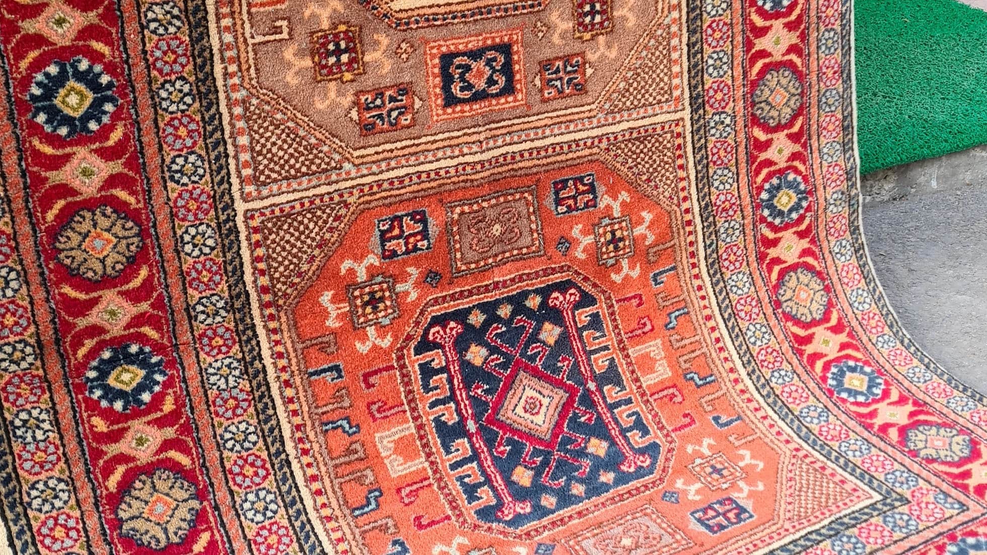 Mid-century Bunyan runner rug from Kayseri, Turkey, circa 1950, 3x7 ft Features three geometric medallions within square frames, surrounded by multi-layered floral borders. Handwoven with superior quality wool using natural dyes, this rug showcases traditional Turkish artistry, ideal for enhancing narrow spaces such as hallways, kitchens, or entryways with timeless elegance.