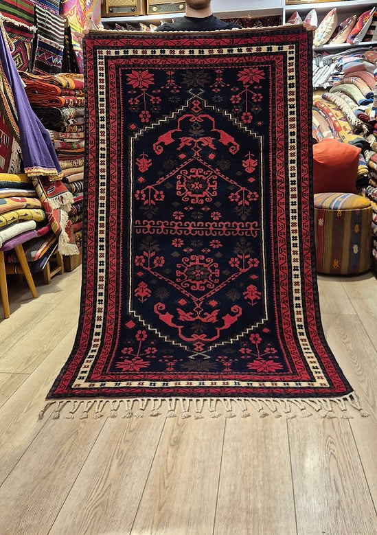 4x6 medium oriental area rug in red and blue by Kilim Couture New York Rug Store