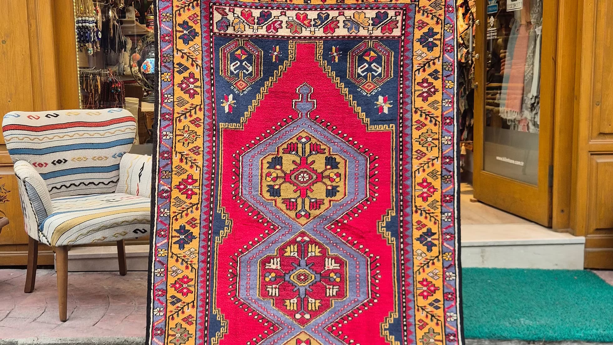 Mid-century Turkish wool runner rug with bold geometry by Kilim Couture New York Rug Gallery