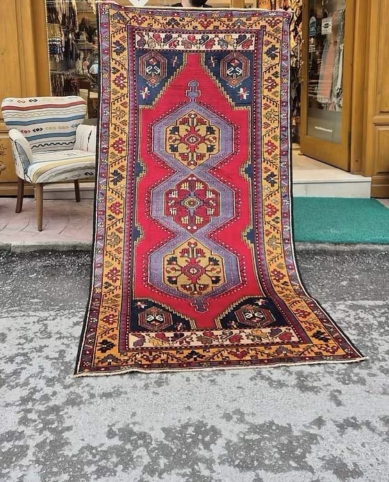 Mid-century Turkish wool runner rug with bold geometry by Kilim Couture New York Rug Gallery