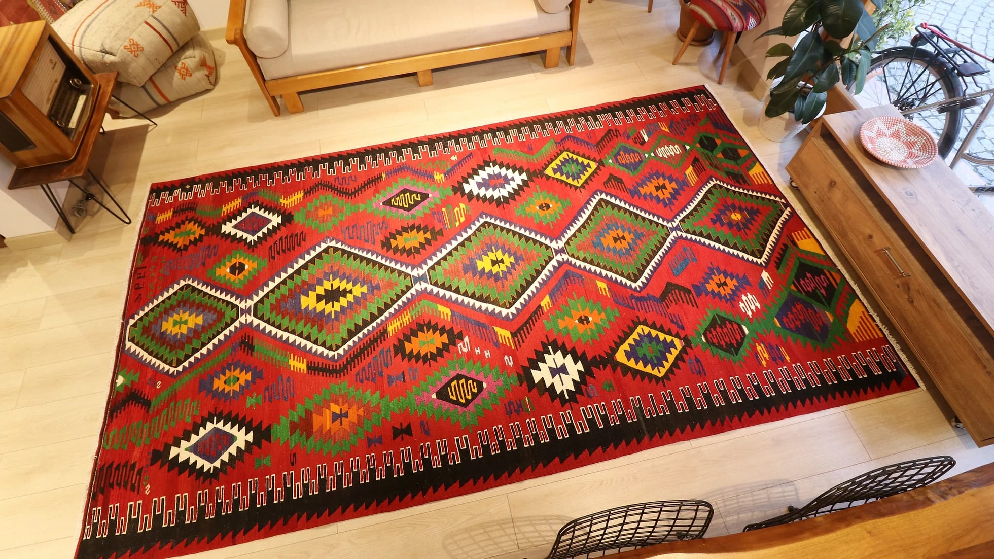 signed vintage Oushak esme tribal kilim rug in colorful medallions and traditional motifs from Turkey