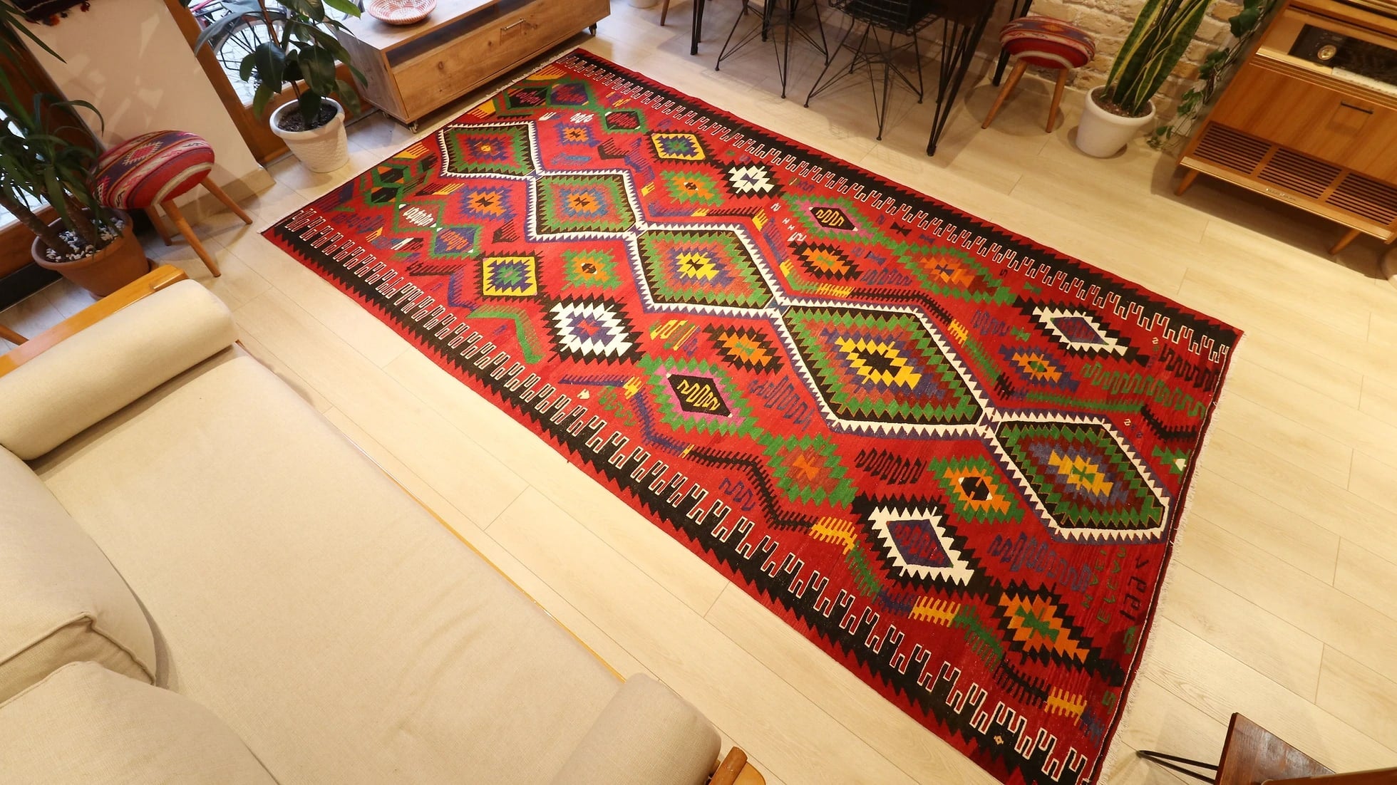 signed vintage Oushak esme tribal kilim rug in colorful medallions and traditional motifs from Turkey